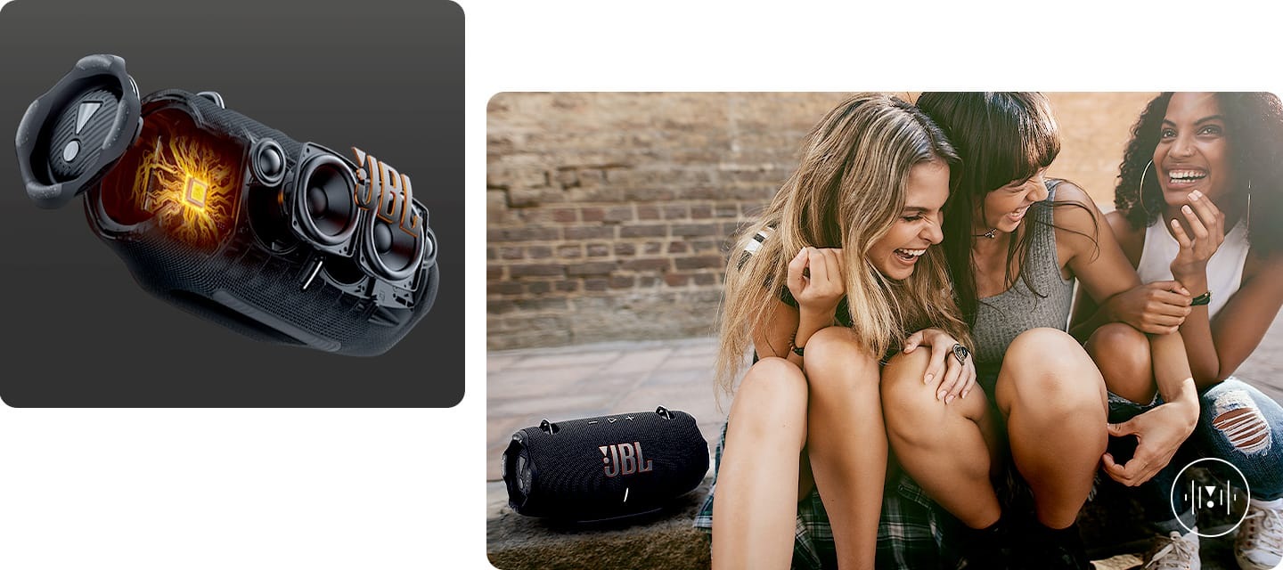 왼 : 제품의 좌측 45도 이미지가 보이며 우퍼, 드리아버, 베이스 라이에이터의 위치가 상세하게 보입니다. 오 : 여성 3명이 붙어 앉아서 웃고 있으며, 여성 왼쪽에는 제품이 놓여 있습니다.