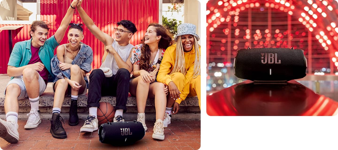 왼 : 사람들이 바닥에 앉아있으며, 가운데 앉아있는 남성과 왼쪽 끝에 앉은 남성이 하이파이브를 하고 있습니다. 가운데 앉은 남성 앞에는 제품이 놓여 있습니다. 오 : 붉은색 배경 앞에 제품이 놓여 있습니다.