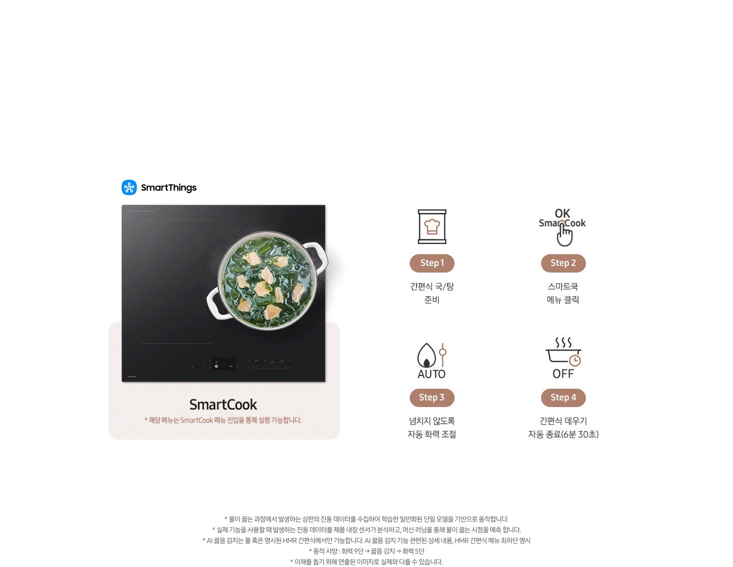 왼쪽에는 2025 BESPOKE cooktop 제품 정면이 보입니다. 전기 레인지 위에 음식이 가득 찬 냄비가 놓여 있습니다. 하단으로 연결된 연한 갈색 박스 안에는 SmartCook이라는 기능 명과 함께 *해당 기능은 SmarCook 메뉴 진입을 통해 실행 가능합니다.라는 문구가 적혀 있습니다. 오른쪽에는 AI 끓음 감지 기능에 대해 설명하고 있습니다. Step1. 간편식 아이콘 + 간편식 국/탕 준비. Step2. OK SmaetCook 버튼을 누르는 손 아이콘 + 스마트 쿡 메뉴 클릭. Step3. 불꽃 아이콘 옆에 화력 조절 그림과 함께 하단 AUTO 문구 + 넘치지 않도록 자동 화력 조절. Step4. 조리가 완성된 냄비 아이콘 하단 시계 그림과 OFF 문구 + 간편식 데우기 자동 종료(6분 30초).