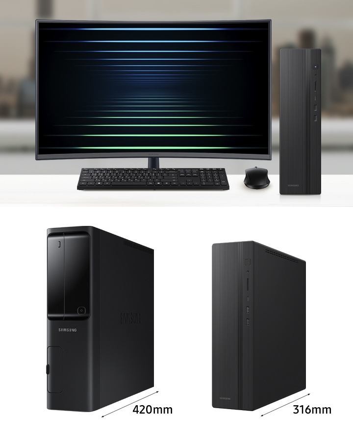 모니터와 키보드, 마우스, 데스크탑 본체가 놓여있고, 23년형 데스크탑 본체와 신규 데스크탑의 사이즈를 비교하여 보여줍니다.