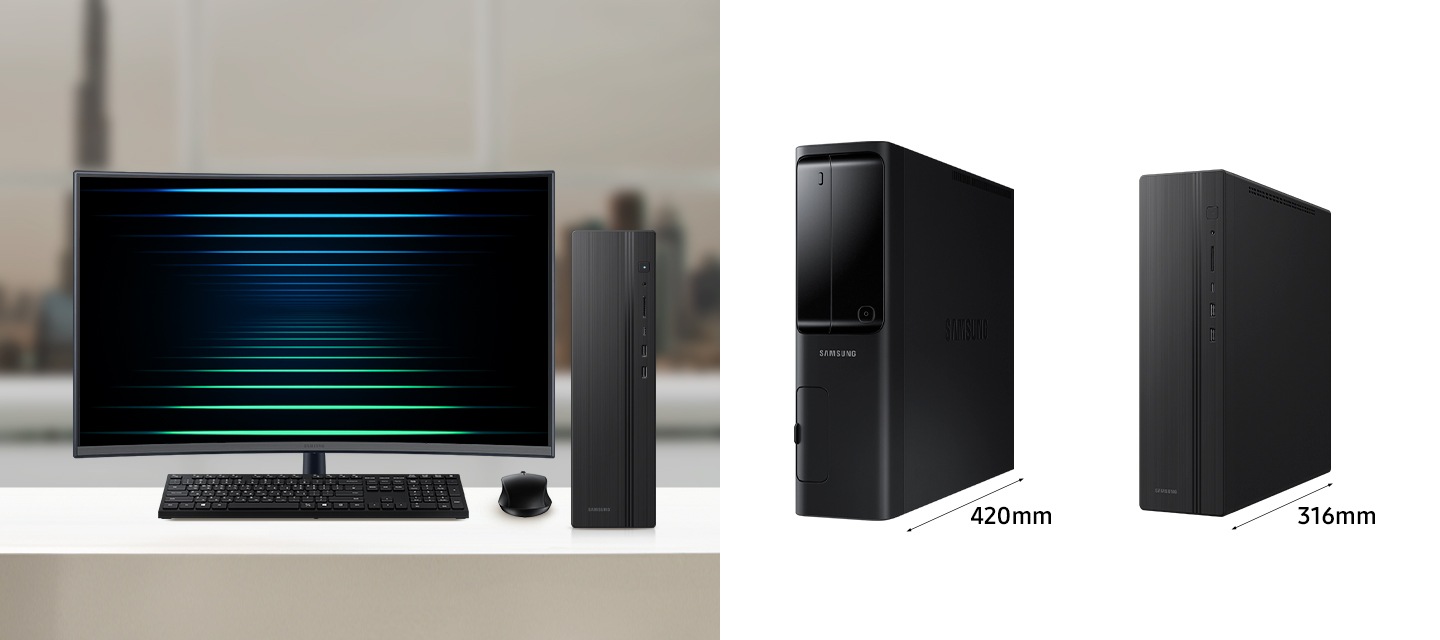 모니터와 키보드, 마우스, 데스크탑 본체가 놓여있고, 23년형 데스크탑 본체와 신규 데스크탑의 사이즈를 비교하여 보여줍니다.