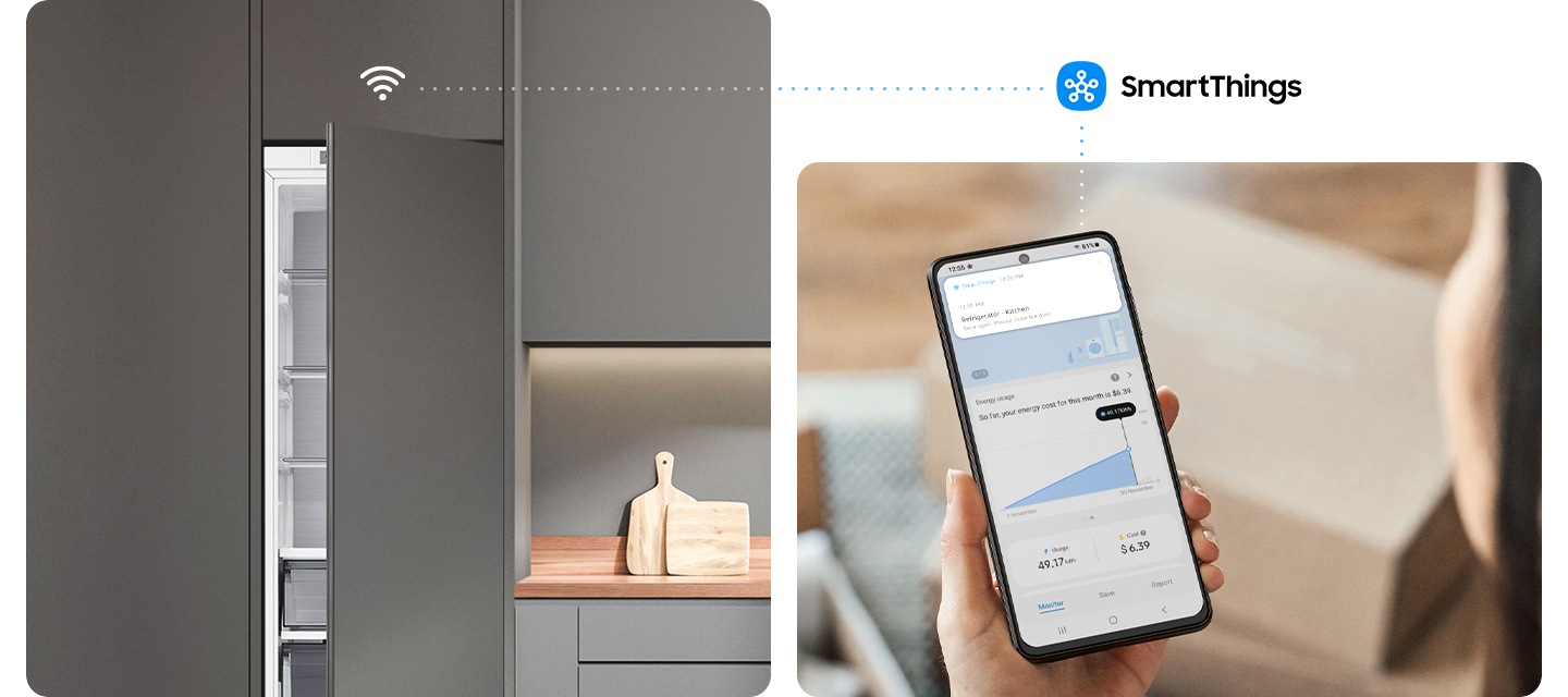 좌측 그레이톤 냉장고장에 냉장고 문이 살짝 열려있는 제품이미지가 나와있고 위쪽에 와이파이 표시가 되어있습니다. 와이파이 표시는 우측 스마트싱스 로고와 이어지고, 아래 스마트싱스 앱 화면이 보여지는 모바일 이미지와 연결되고 있습니다.
