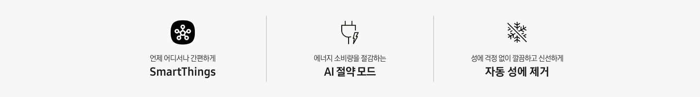 언제 어디서나 간편하게 SmartThings 문구와 아이콘, 에너지 소비량을 절감하는 AI 절약 모드 문구와 아이콘, 성에 걱정 없이 깔끔하고 신선하게 자동 성에 제거 문구와 아이콘