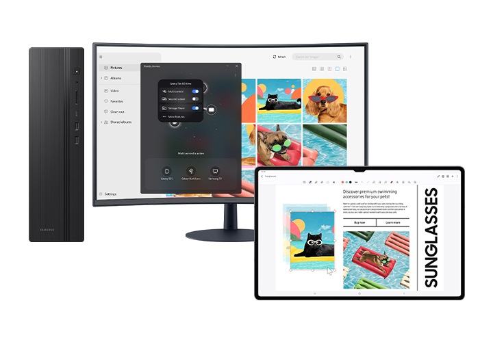 모니터와 데스크탑, 태블릿이 놓여있고, 모니터와 태블릿엔 같은 화면이 띄워져 있습니다