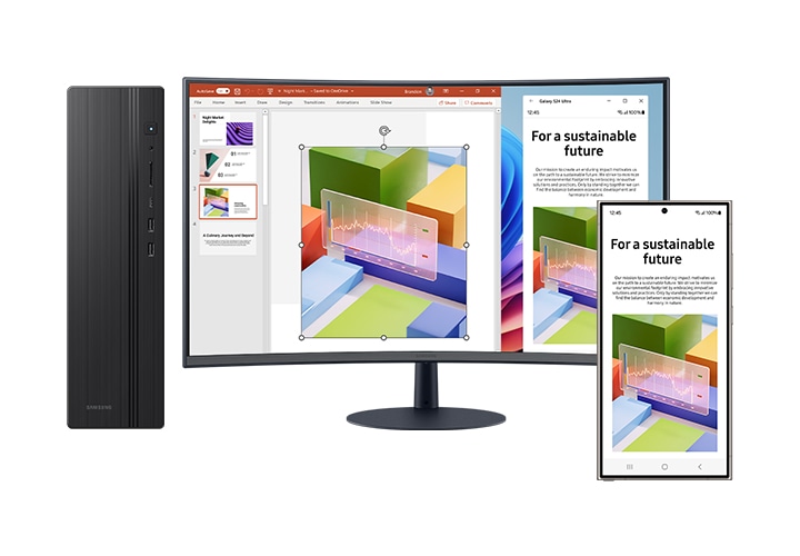 스마트폰과 모니터, 데스크탑이 나란히 놓여있습니다.