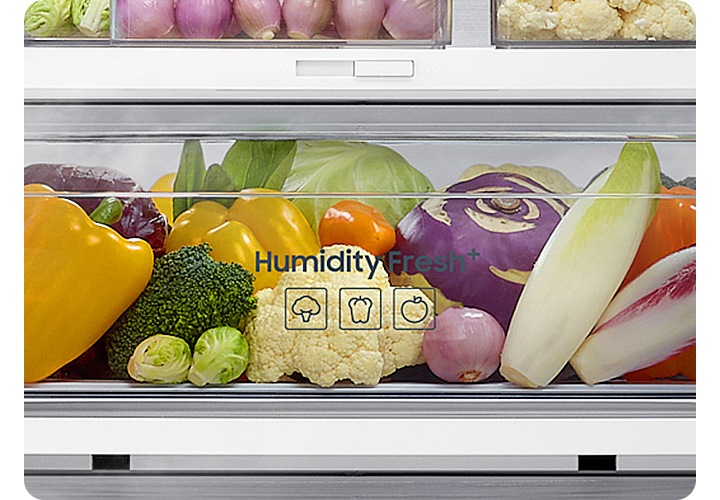 냉장고 내상 휴미디티 프레시+ 안에 각종 채소가 가득 들어있는 연출된 이미지입니다.