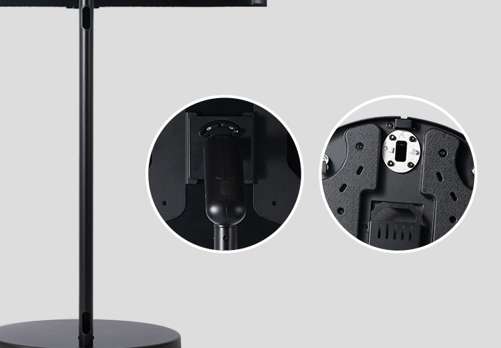 좌측에는 스탠드 기둥 하단의 타공 부분을 보여주는 이미지가 있으며, 중앙에는 모니터와의 결합부분을 확대해 보여주고 있고, 우측에는 스탠드 바닥면의 바퀴 부분을 확대해서 보여주고 있는 이미지입니다.