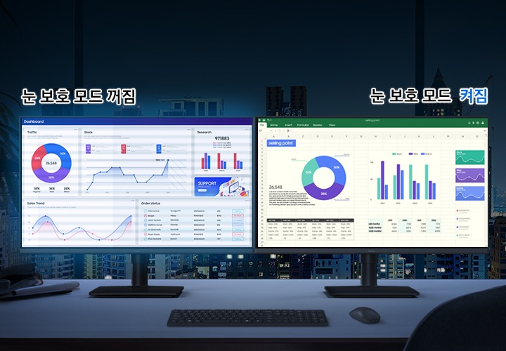 왼쪽엔 눈 보호 모드가 켜진 모니터가 오른쪽엔 눈보호 모드가 꺼진 모니터가 있어 비교하여 보여줍니다