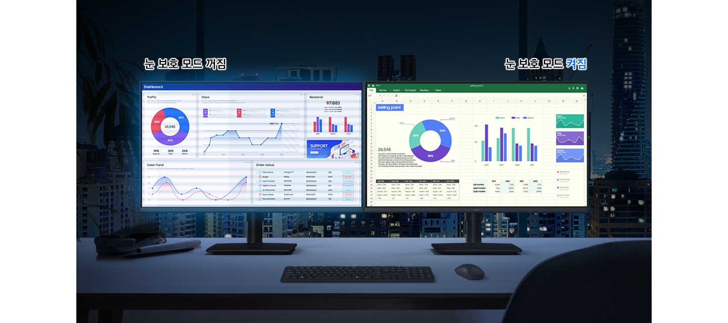 왼쪽엔 눈 보호 모드가 켜진 모니터가 오른쪽엔 눈보호 모드가 꺼진 모니터가 있어 비교하여 보여줍니다