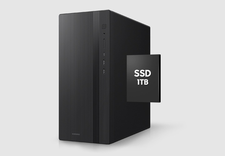 데스크탑 본체와 1TB 용량을 보여줍니다