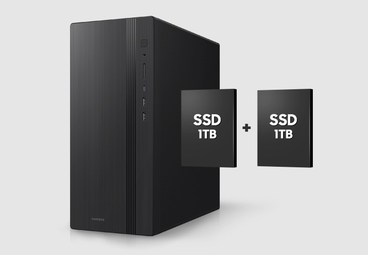 데스크탑 본체와 2TB 용량을 보여줍니다