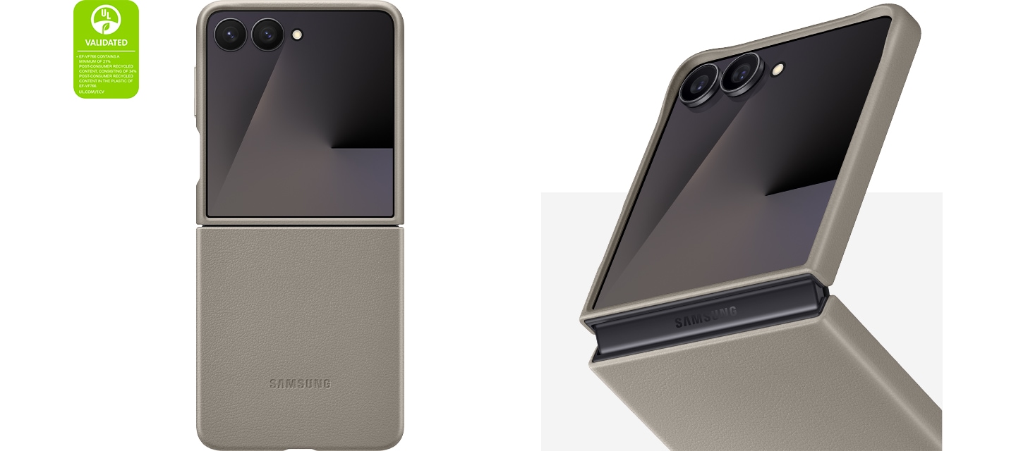 갤럭시 Z 플립7이 토프 색상의 카인드수트 케이스와 함께 펼쳐져 있습니다. 동일한 카인드수트 케이스를 장착한 갤럭시 Z 플립7이 살짝 펼쳐진 채 비스듬히 클로즈업된 모습입니다. 후면 카메라와 힌지로 확대됩니다. '카인드수트 케이스는 최소 21%의 재활용 소재를 포함하고 있으며, 케이스에 사용된 플라스틱은 34%의 재활용 소재가 포함되어 있습니다. UL.COM/ECV'라고 적힌 UL 인증이 표시되어 있습니다.