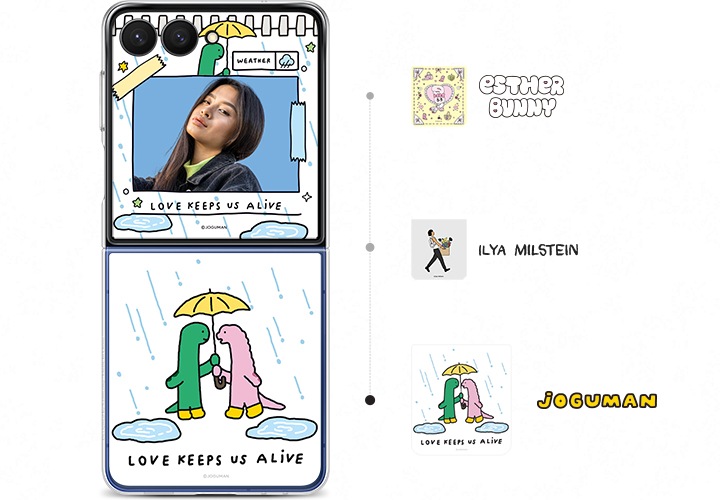 플립수트 카드를 장착 후 선택하면 갤럭시 Z 플립7의 플렉스윈도우가 동기화되어 기본 콘텐츠와 포토 프레임이 순차적으로 나타납니다. 새로운 카드를 선택하면 동일한 전환 효과가 반복됩니다. 새로 선택된 카드의 브랜드는 에스더 버니, 일리야 밀스타인, 조구만입니다.