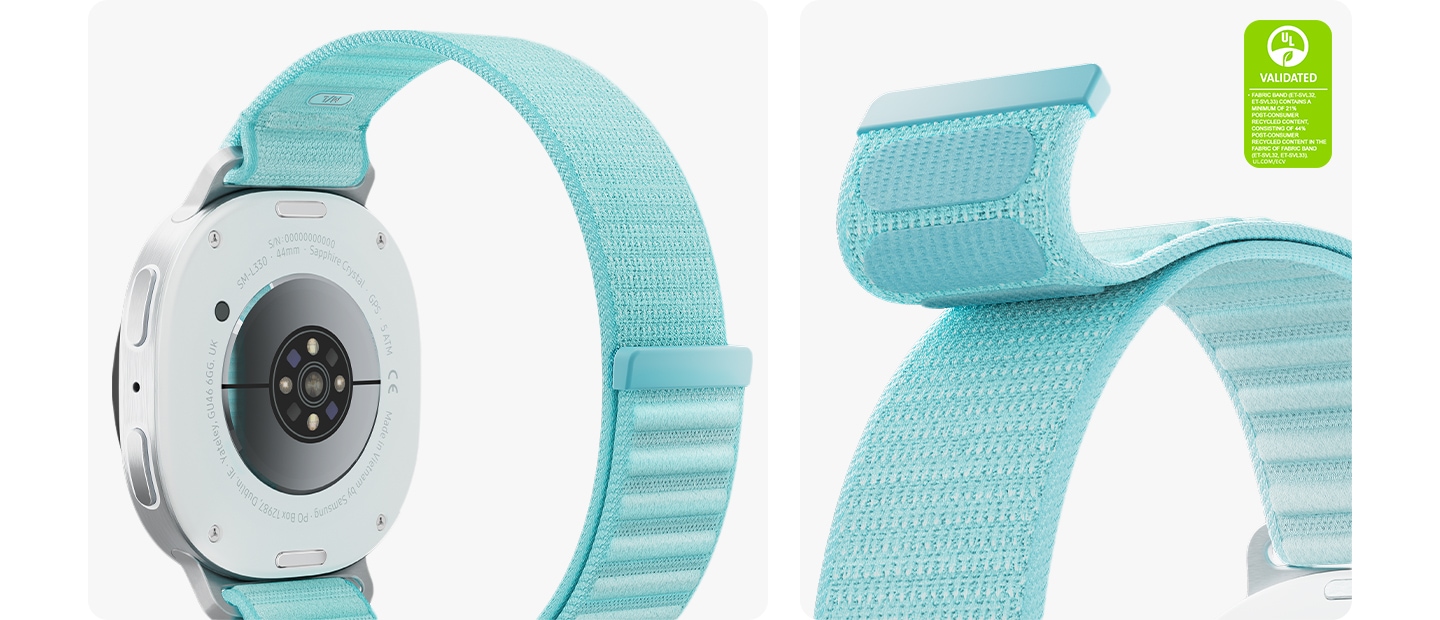 왼쪽에는 옆으로 세워진 갤럭시 워치8 하단이 나타나고, 민트 색상의 갤럭시 워치8 패브릭 밴드가 버클이 잠긴 채로 장착되어 둥근 원을 이룹니다. 오른쪽에는 민트 색상의 갤럭시 워치8 패브릭 밴드가 클로즈업되어 부드러운 소재와 벨크로 클로저가 강조됩니다.