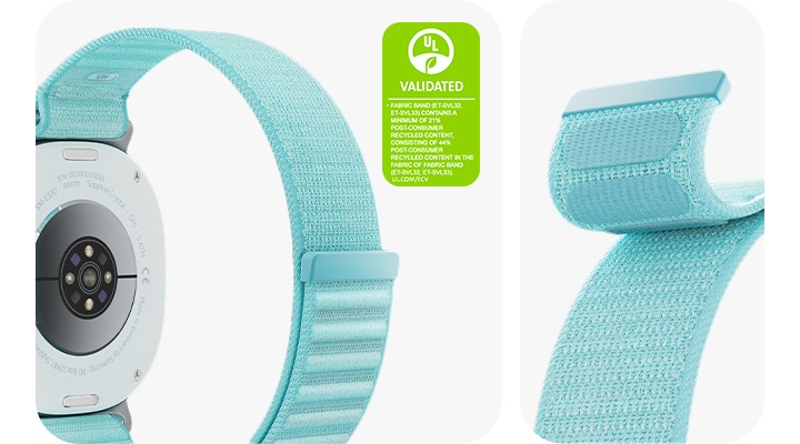 왼쪽에는 옆으로 세워진 갤럭시 워치8 하단이 나타나고, 민트 색상의 갤럭시 워치8 패브릭 밴드가 버클이 잠긴 채로 장착되어 둥근 원을 이룹니다. 오른쪽에는 민트 색상의 갤럭시 워치8 패브릭 밴드가 클로즈업되어 부드러운 소재와 벨크로 클로저가 강조됩니다.