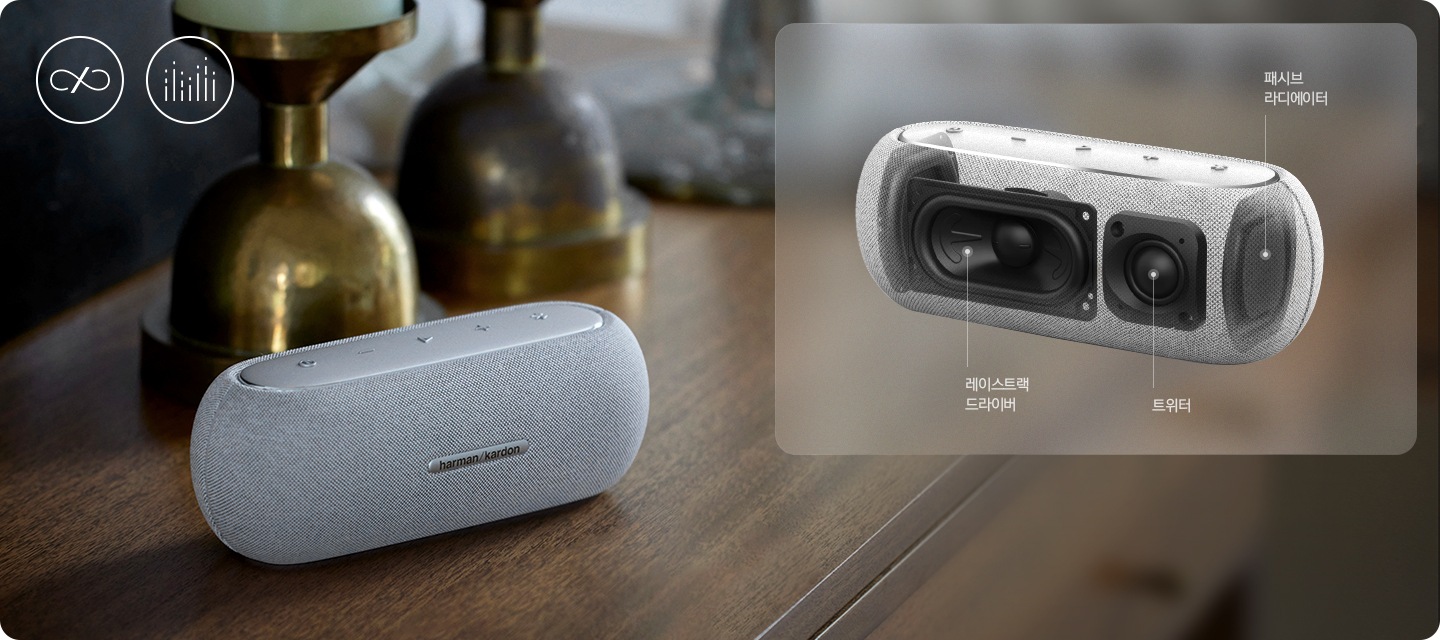 서랍 위에 스피커가 놓여 있으며, 그 뒤로는 장식품이 보입니다. 우측 상단에 제품의 X-RAY 컷이 있으며, 패시브 라디에이터와 레이스트랙 드라이버, 트위터의 위치를 표시하고 있습니다.