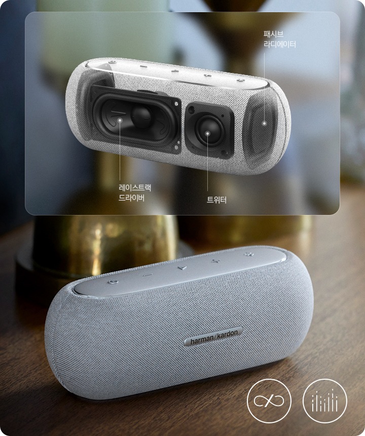 서랍 위에 스피커가 놓여 있으며, 그 뒤로는 장식품이 보입니다. 우측 상단에 제품의 X-RAY 컷이 있으며, 패시브 라디에이터와 레이스트랙 드라이버, 트위터의 위치를 표시하고 있습니다.