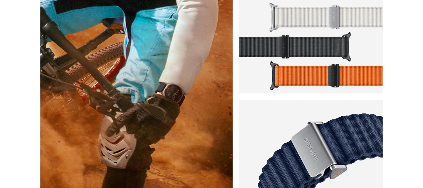 [왼쪽에 사막에서 트레일 자전거를 타는 남성이 블루 색상의 갤럭시 워치 울트라 트레일 밴드를 착용하고 있는 손목의 모습을 클로즈업한 이미지입니다. 오른쪽에는 화이트 샌드, 다크 그레이, 오렌지 색상의 갤럭시 워치 트레일 밴드 3개가 나란히 배치되어 있습니다. 오른쪽 하단에는 블루 색상의 트레일 밴드가 확대되어 있습니다.] 