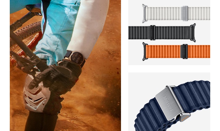 [왼쪽에 사막에서 트레일 자전거를 타는 남성이 블루 색상의 갤럭시 워치 울트라 트레일 밴드를 착용하고 있는 손목의 모습을 클로즈업한 이미지입니다. 오른쪽에는 화이트 샌드, 다크 그레이, 오렌지 색상의 갤럭시 워치 트레일 밴드 3개가 나란히 배치되어 있습니다. 오른쪽 하단에는 블루 색상의 트레일 밴드가 확대되어 있습니다.] 