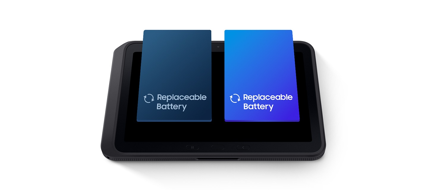 갤럭시 탭 액티브5 프로가 위쪽를 향해 있으며 화면에는 파란색으로 표현된 2개의 배터리 블록이 표시되어 있습니다. 왼쪽 블록은 사용 중이 아님을 나타내기 위해 어둡게 표시되고 오른쪽 블록은 활성 사용을 나타내기 위해 밝게 표시됩니다. 두 블록 모두 교체 아이콘과 교체 가능 배터리 라벨이 함께 표시되고 있습니다.