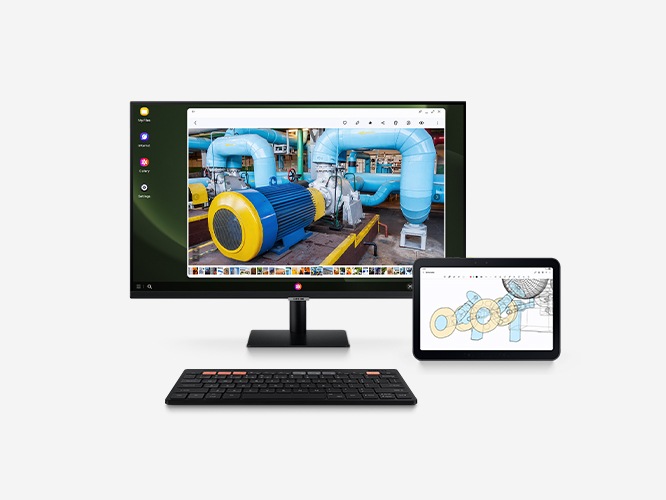 모니터, 키보드, 갤럭시 탭 액티브5 프로가 놓여져 있는 모습입니다. 모니터에는 물 펌프 이미지가 있고, 갤럭시 탭 액티브5 Pro의 화면에 펌프 구성품이 그림으로 표시됩니다.