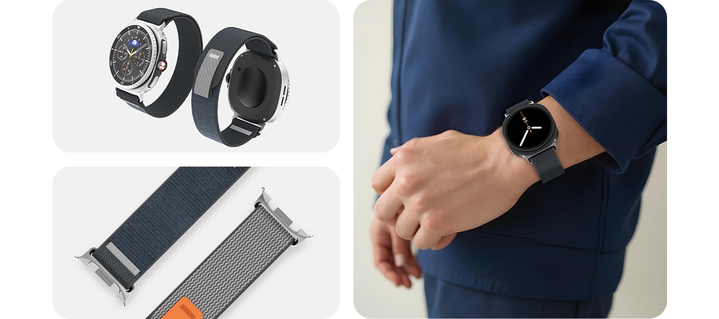 이미지 세 개가 있습니다. 왼쪽 상단 이미지에는 벨크로 밴드를 장착한 갤럭시 워치8 두 대가 보이며, 왼쪽 밴드는 앞모습 오른쪽 밴드는 뒷모습이 보이고 있습니다. 왼쪽 하단 이미지에는 밴드의 버클 부분이 보이고 있습니다. 오른쪽 이미지에는 벨크로 밴드를 착용한 남성의 모습이 보입니다.