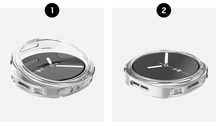 갤럭시 워치8 클리어 케이스를 장착하는 가이드를 상세히 설명하고 있습니다. 두 개의 이미지가 있고 각 이미지 상단에 순서를 알려주는 숫자 1, 2가 원 안에 있습니다. 첫번째 이미지에는 갤럭시 워치8에 클리어 케이스가 비스듬히 맞춰있고 두번째 이미지에는 완전히 장착된 모습입니다.