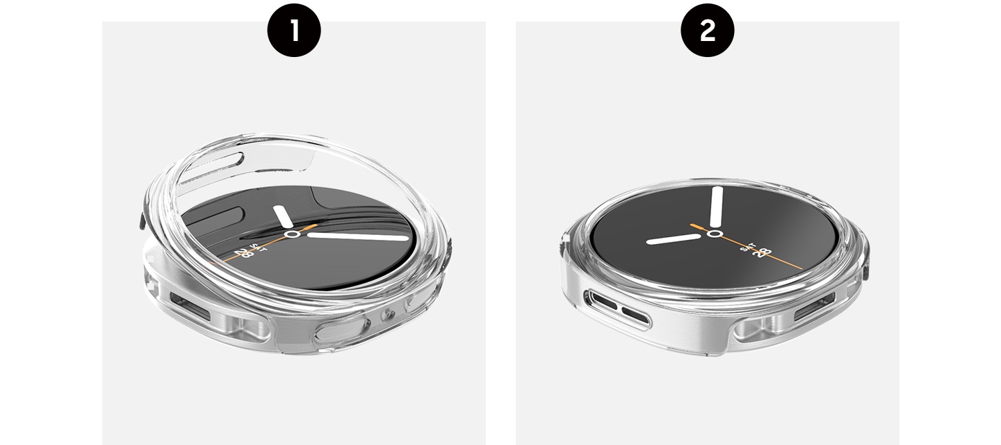 갤럭시 워치8 클리어 케이스를 장착하는 가이드를 상세히 설명하고 있습니다. 두 개의 이미지가 있고 각 이미지 상단에 순서를 알려주는 숫자 1, 2가 원 안에 있습니다. 첫번째 이미지에는 갤럭시 워치8에 클리어 케이스가 비스듬히 맞춰있고 두번째 이미지에는 완전히 장착된 모습입니다.