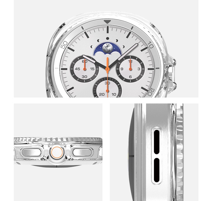 이미지 세 개가 있습니다. 위 이미지는 클리어 케이스를 장착한 갤럭시 워치8 클래식이 보이고, 하단 왼쪽 이미지는 클리어 케이스를 장착한 갤럭시 워치8 클래식 버튼쪽 측면 이미지가 보입니다. 하단 오른쪽 이미지는 클리어 케이스를 장착한 갤럭시 워치8 클래식 하단 측면이 보이고 있습니다.