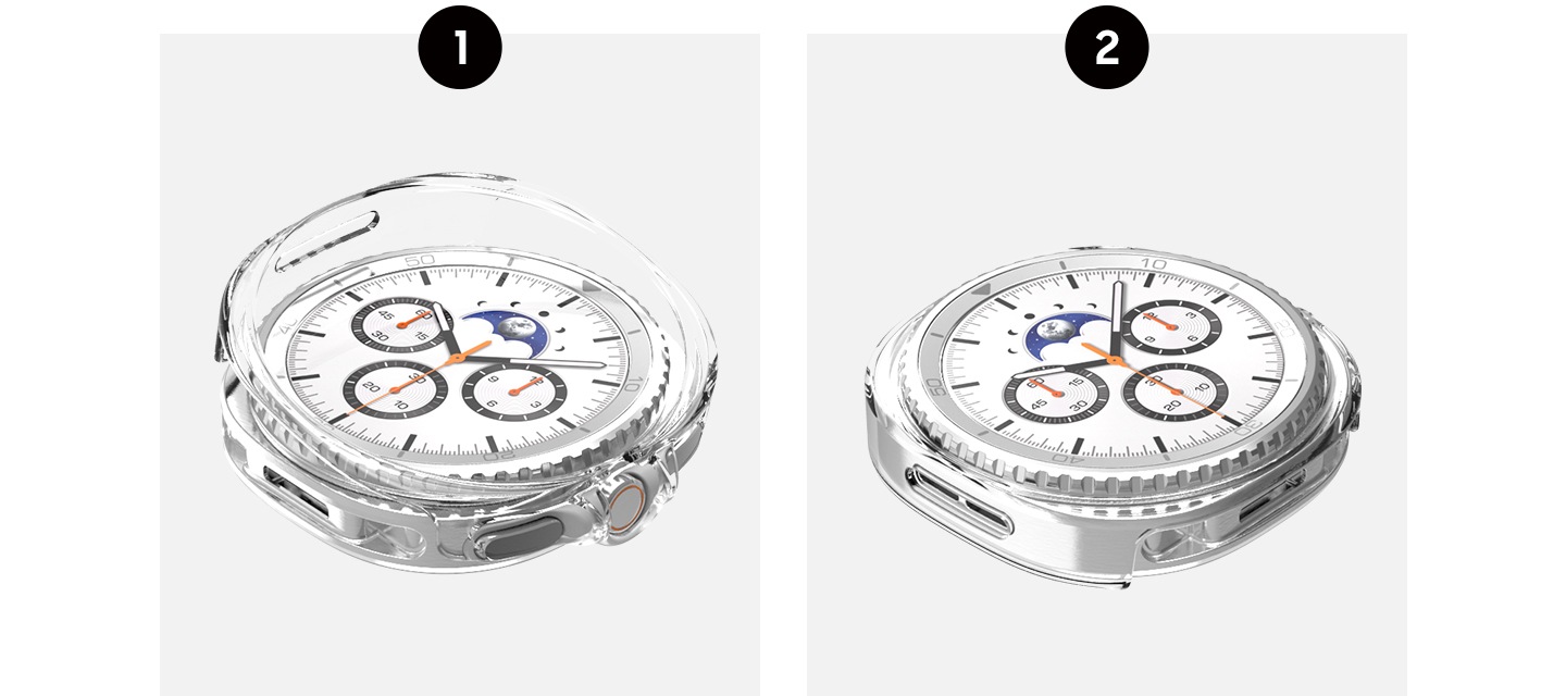 갤럭시 워치8 클리어 케이스를 장착하는 가이드를 상세히 설명하고 있습니다. 두 개의 이미지가 있고 각 이미지 상단에 순서를 알려주는 숫자 1, 2가 원 안에 있습니다. 첫번째 이미지에는 갤럭시 워치8 클래식에 클리어 케이스가 비스듬히 맞춰있고 두번째 이미지에는 완전히 장착된 모습입니다