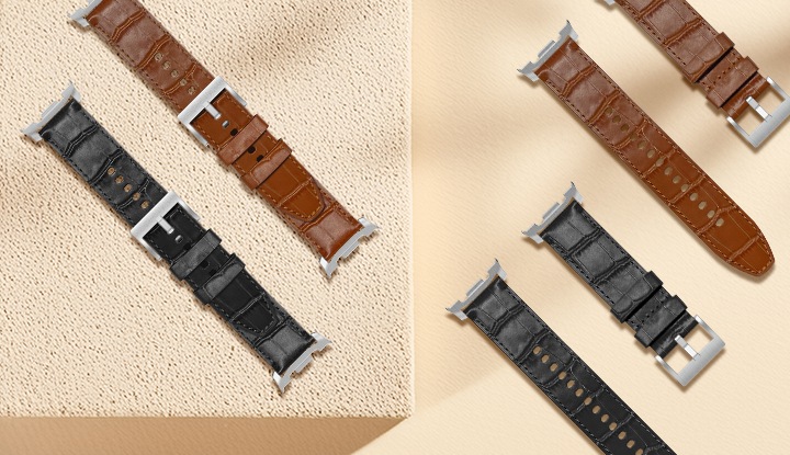 갤럭시 워치8 프리미엄 밴드 블랙, 브라운이 두 쌍씩 총 네 쌍이 보이고 있습니다. 두 쌍은 홀밴드와 버클밴드가 결합된 모습이고, 나머지 두 쌍은 홀밴드와 버클 밴드가 나란히 놓여있는 모습입니다. 