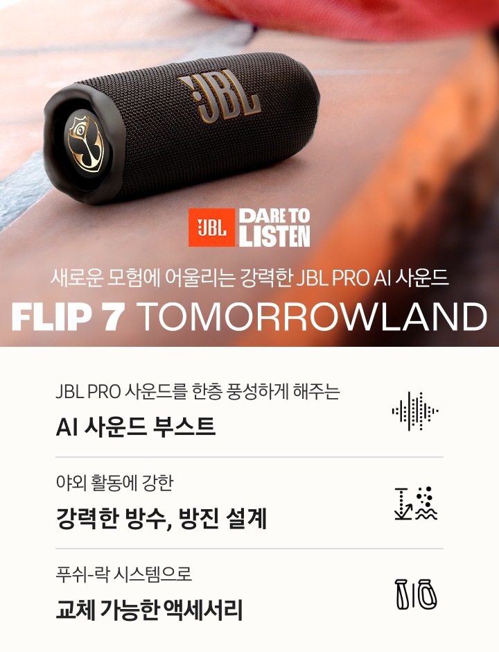 담벼락 위에 스피커가 놓여 있으며 그 옆에는 붉은색 상위와 청바지를 입은 사람이 담벼락에 기대어 있습니다. 새로운 모험에 어울리는 강력한 JBL PRO AI 사운드 FLIP 7 TOMORROWLAND KV입니다. 하단에는 JBL PRO 사운드를 한층 풍성하게 해주는 AI 사운드 부스트, 야외 활동에 강한 강력한 방수, 방진 설계, 푸쉬-락 시스템으로 교체 가능한 액세서리 문구와 아이콘이 있습니다.