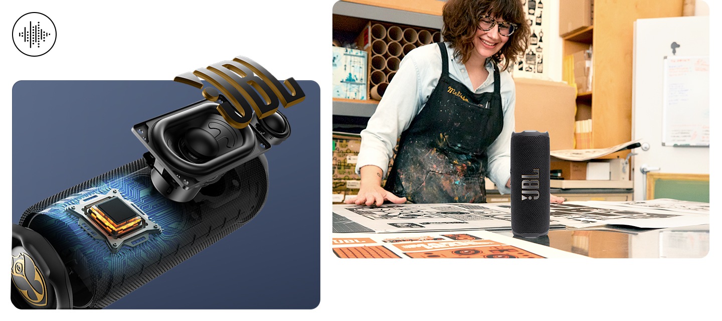 왼쪽에는 스피커의 X-ray 컷이 보입니다. 오른쪽에는 테이블에 스피커가 놓여 있으며, 그 뒤로는 여성이 작업을 하고 있습니다.