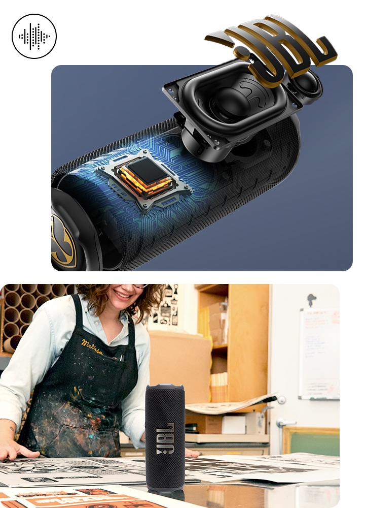 왼쪽에는 스피커의 X-ray 컷이 보입니다. 오른쪽에는 테이블에 스피커가 놓여 있으며, 그 뒤로는 여성이 작업을 하고 있습니다.