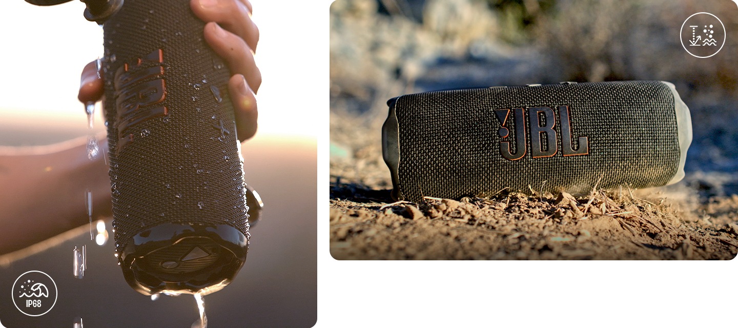 왼쪽에는 사람이 스피커에 물을 붓고 있습니다. 오른쪽에는 스피커가 바닥에 떨어지고 있습니다.