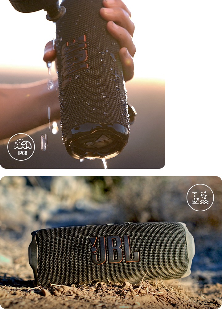 왼쪽에는 사람이 스피커에 물을 붓고 있습니다. 오른쪽에는 스피커가 바닥에 떨어지고 있습니다.