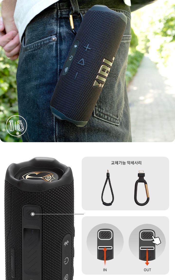 왼쪽에는 허리에 스피커를 찬 사람이 보입니다. 오른쪽에는 스피커에 스트랩과 카라비너를 어떻게 교체하는지에 대해 설명하는 이미지가 보입니다.