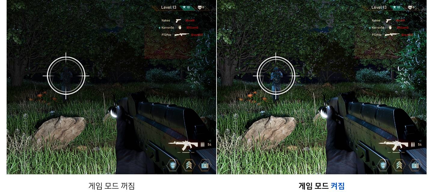 화면을 양쪽으로 나누어 게임모드가 실행된 화면과 실행되지 않은 화면을 비교하여 보여줍니다