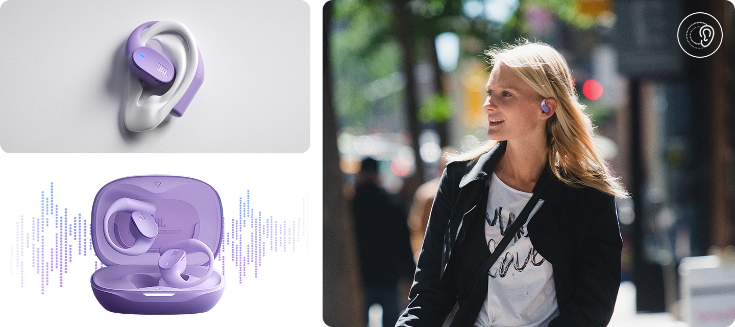 왼쪽 상단에는 3D로 표현된 귀에 이어폰이 착용되어 있습니다. 왼쪽 하단에는 충전 케이스와 이어폰이 놓여 있으며 그 뒤로 음향효과가 보입니다. 오른쪽에는 이어폰을 착용한 여성이 길을 걸어가고 있습니다.