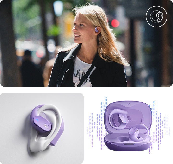 왼쪽 상단에는 3D로 표현된 귀에 이어폰이 착용되어 있습니다. 왼쪽 하단에는 충전 케이스와 이어폰이 놓여 있으며 그 뒤로 음향효과가 보입니다. 오른쪽에는 이어폰을 착용한 여성이 길을 걸어가고 있습니다.