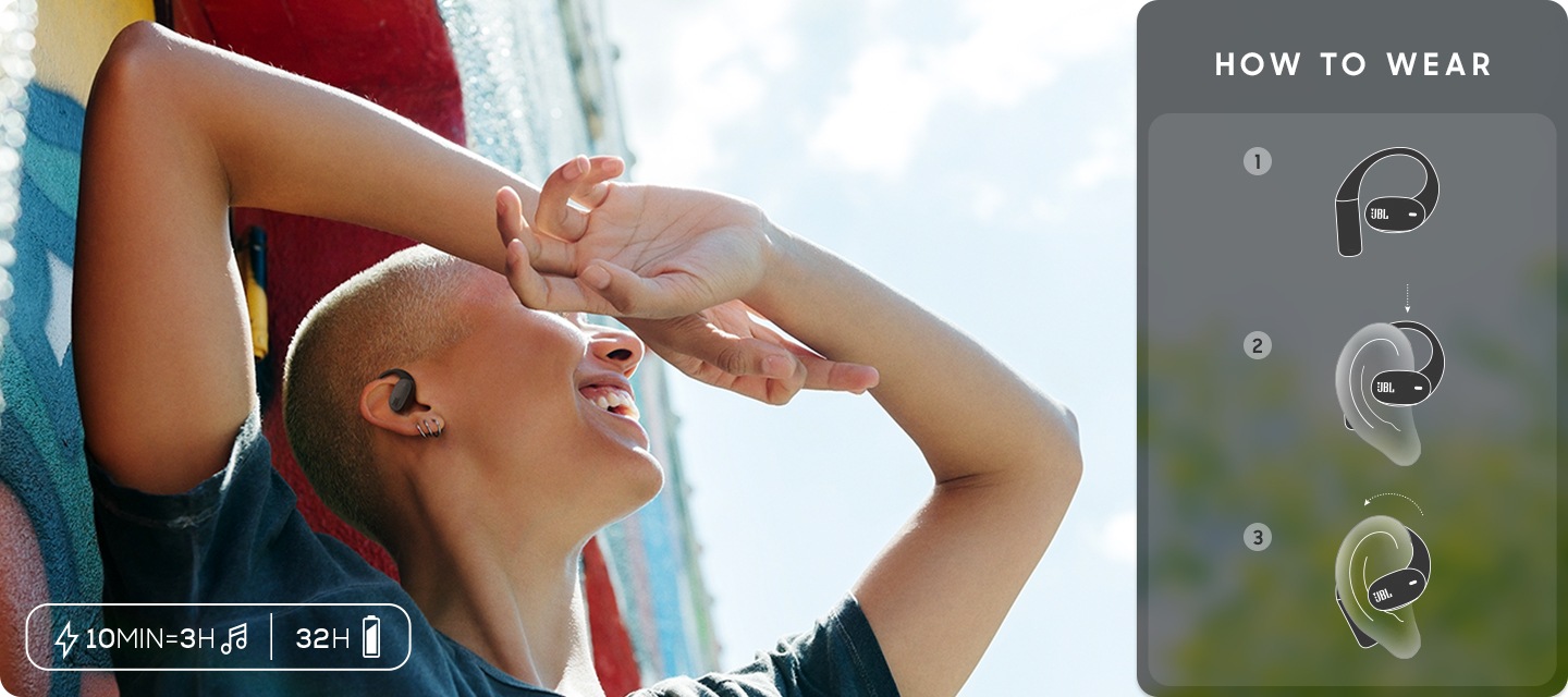 이어폰을 작용한 사람이 하늘을 바라보고 웃고 있습니다. 오른쪽에는 이어폰 작용 방법이 이미지로 표현되어 있습니다.