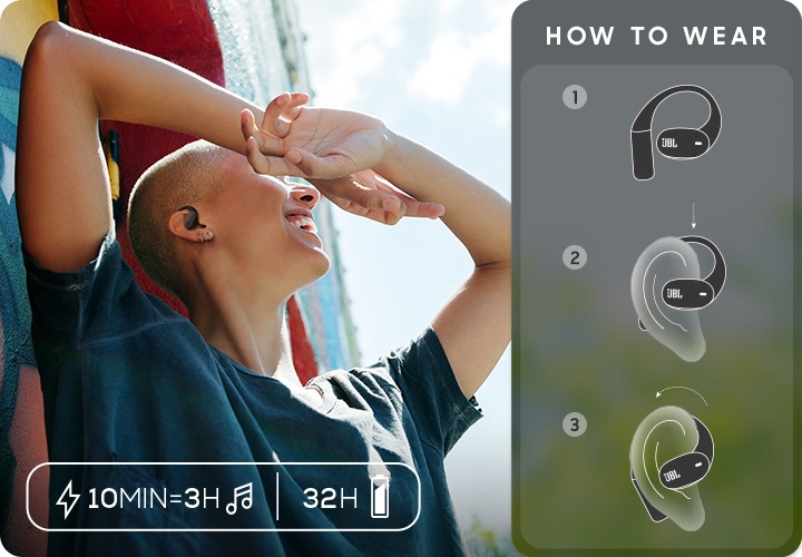 이어폰을 작용한 사람이 하늘을 바라보고 웃고 있습니다. 오른쪽에는 이어폰 작용 방법이 이미지로 표현되어 있습니다.