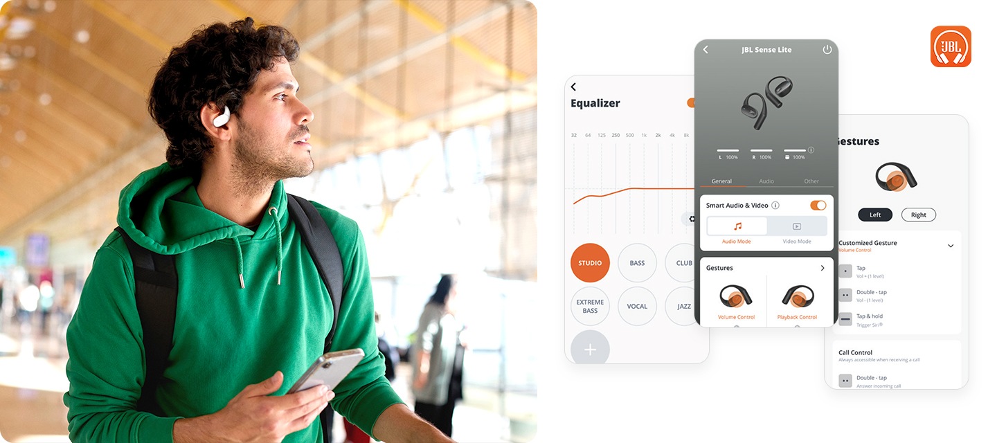 손에 휴대폰을 들고 있는 남성이 있습니다. 귀에는 이어폰을 착용하고 있으며, 오른쪽을 보고 있습니다. 오른쪽에는 JBL Headphones 앱 화면이 보입니다.