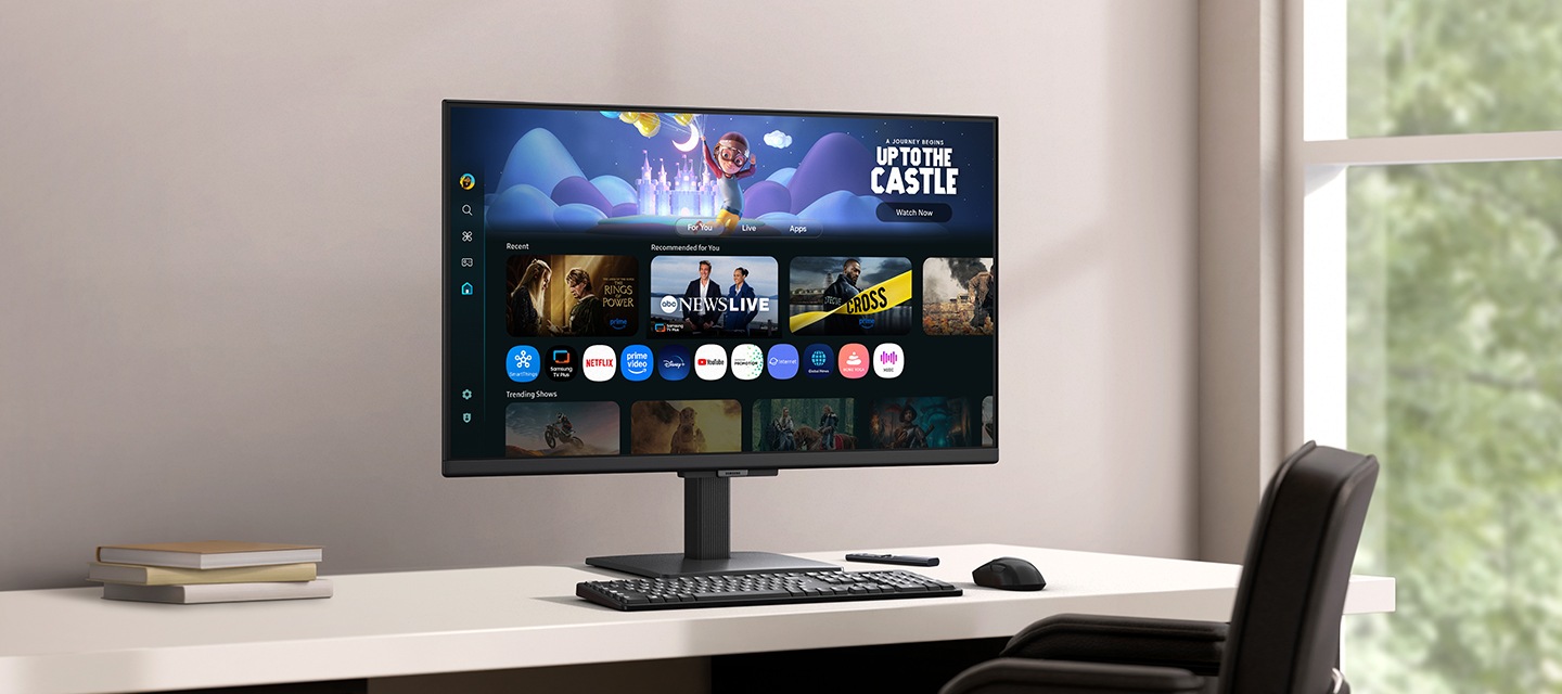 책상 위 모니터가 보입니다. 모니터 화면엔 여러 OTT 서비스를 나타내고 있습니다.