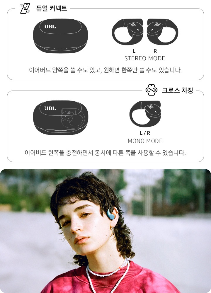붉은 색 상의를 입은 사람이 귀에 이어폰을 착용하고 있습니다. 왼쪽에는 듀얼 커넥트와 크로스 차징에 대해 설명하고 있습니다. 듀얼 커넥트란 이어버드 양쪽을 쓸 수도 있고, 원하면 한쪽만 쓸 수도 있습니다. 크로스 차징이란 이어버드 한쪽을 충전하면서 동시에 다른 쪽을 사용할 수 있습니다.
