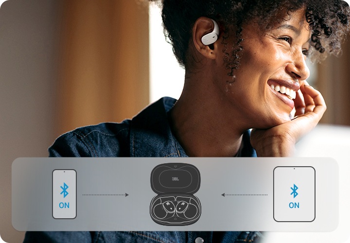 이어폰을 작용한 사람이 턱에 손을 괴고 있습니다.