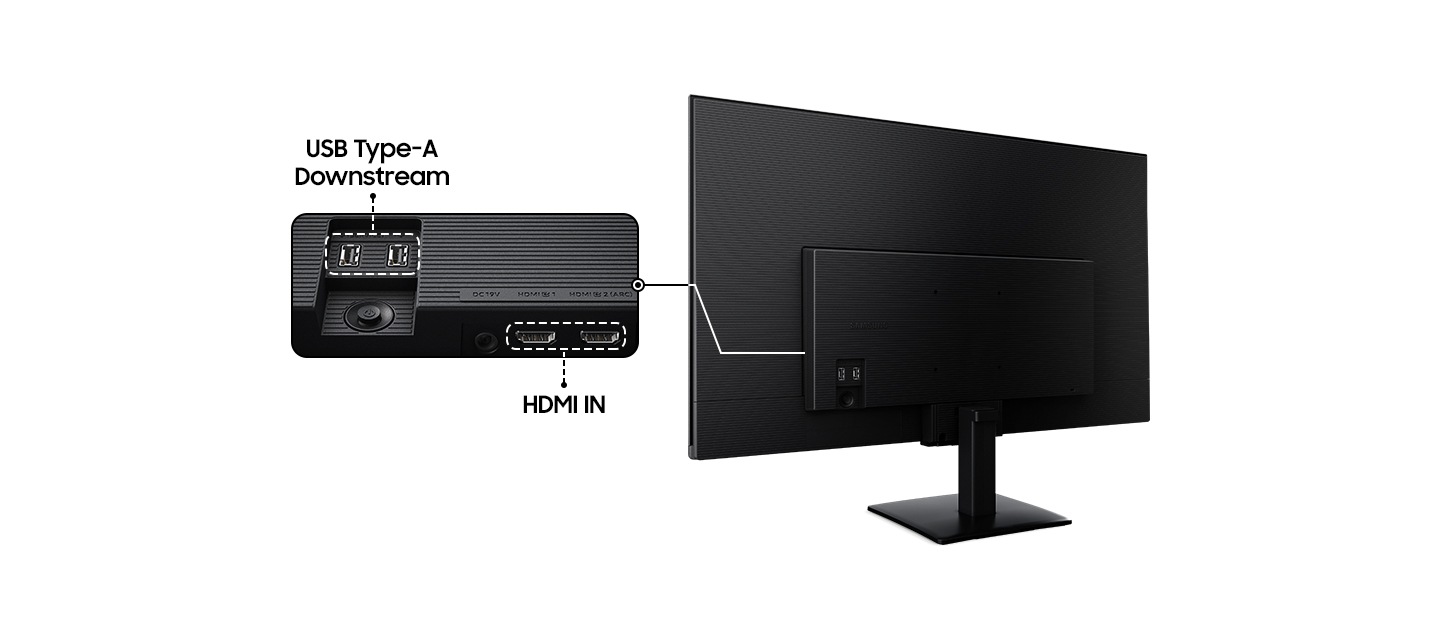 모니터의 뒷면을 보여줍니다. USB-C, HDMI 및 USB-A 포트를 보여줍니다.