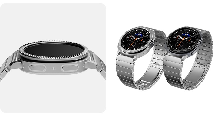 이미지 두 개가 있습니다. 왼쪽에는 메탈 밴드와 실버, 블랙 베젤링이 장착된 갤럭시 워치8이 보이고 있고, 오른쪽에는 메탈밴드가 장착된 갤럭시 워치8 클래식을 착용한 남자가 보이고 있습니다.