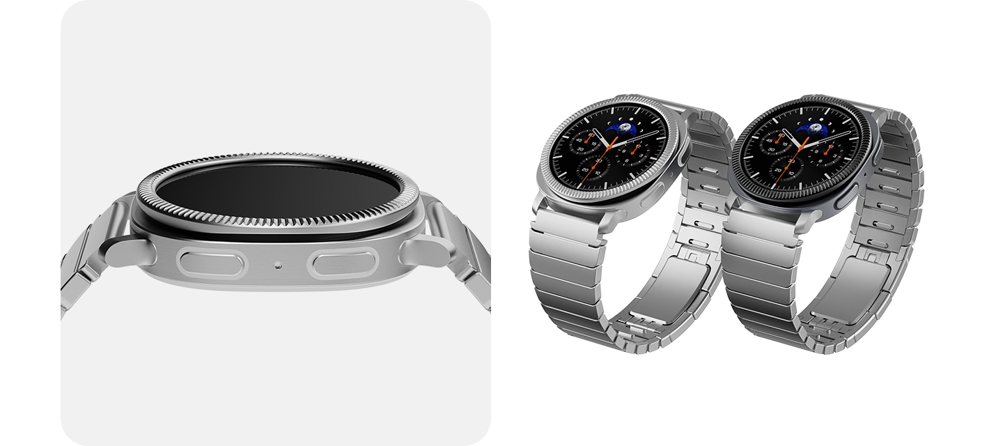 이미지 두 개가 있습니다. 왼쪽에는 메탈 밴드와 실버, 블랙 베젤링이 장착된 갤럭시 워치8이 보이고 있고, 오른쪽에는 메탈밴드가 장착된 갤럭시 워치8 클래식을 착용한 남자가 보이고 있습니다.