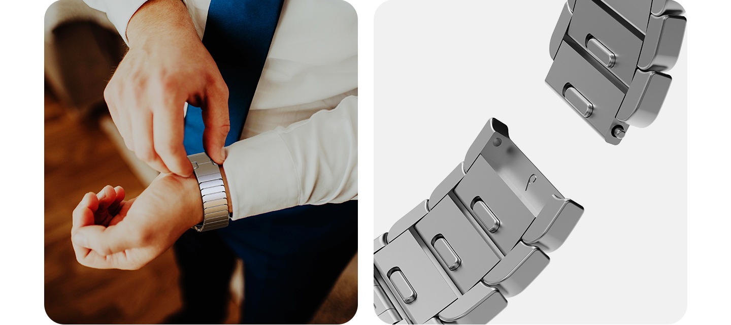 이미지 두 개가 있습니다. 왼쪽에는 메탈 밴드를 착용하려고 하는 남자가 있고, 오른쪽에는 길이 조절이 가능한 메탈 밴드의 기능을 상세히 보여주고 있습니다.